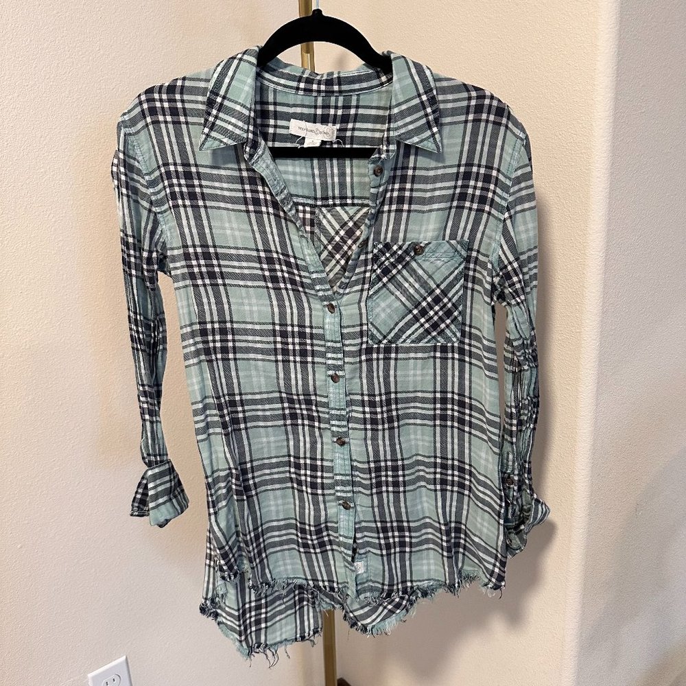 Button Down Plaid Shirt with Distressed Bottom